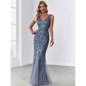 Women's V-Neck Embroidered Lace Floor Length Mermaid Dress Haze Blue US6