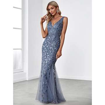 Women's V-Neck Embroidered Lace Floor Length Mermaid Dress Haze Blue US6