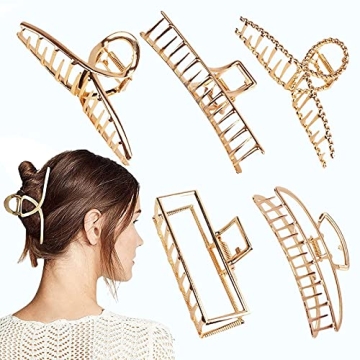 4.7 Inch Large Gold Metal Claw Clips, 5PCS Strong Non-Slip Barrettes for Thick Half Bun Hairstyles -...