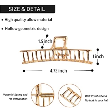 4.7 Inch Large Gold Metal Claw Clips, 5PCS Strong Non-Slip Barrettes for Thick Half Bun Hairstyles - Cute Accessories for Women and Girls