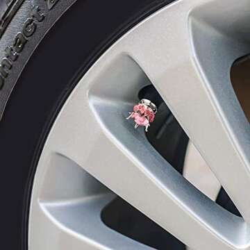 OTOSTAR Bling Tire Valve Stem Caps, 4 Pack Pure Handmade Rhinestones Universal Crown Car Wheel Tire Valve for Car, Bicycle, Motorcycle, Attractive Dustproof Bling Car Accessories (Silver/Pink)