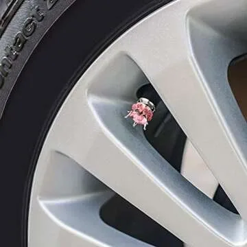 OTOSTAR Bling Tire Valve Stem Caps, 4 Pack Pure Handmade Rhinestones Universal Crown Car Wheel Tire Valve for Car, Bicycle, Motorcycle, Attractive Dustproof Bling Car Accessories (Silver/Pink)