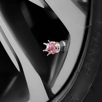 OTOSTAR Bling Tire Valve Stem Caps, 4 Pack Pure Handmade Rhinestones Universal Crown Car Wheel Tire Valve for Car, Bicycle, Motorcycle, Attractive Dustproof Bling Car Accessories (Silver/Pink)