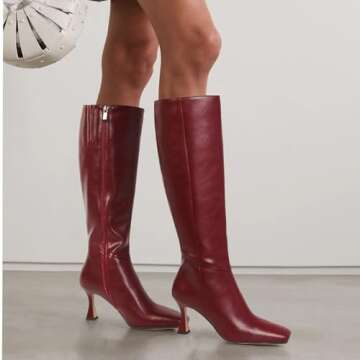 Dsevht Red Leather Knee High Boots for Women - Stylish Kitten Heels