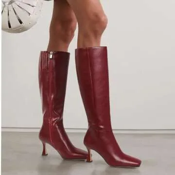 Dsevht Red Leather Knee High Boots for Women - Stylish Kitten Heels