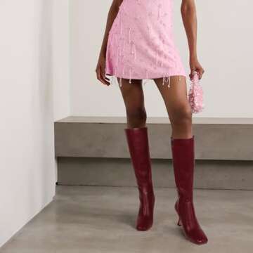 Dsevht Red Leather Knee High Boots for Women - Stylish Kitten Heels