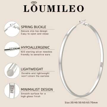 LOUMILEO Large Silver Hoop Earrings for Women Hypoallergenic Sterling Silver Hoop Earrings Lightweight Big Silver Hoop Earrings Silver Hoop Eearrings for Women