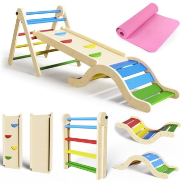 Pikler Triangle Set 7-in-1 Toddler Climbing Toys Indoor Foldable Baby Climbing Toys Wooden Montessor...