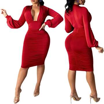ZERMOM Women's Sexy V Neck Long Sleeve Stretch Bodycon Ruched Party Club Midi Dress Red