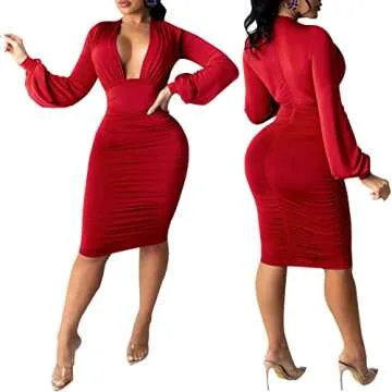 ZERMOM Women's Sexy V Neck Long Sleeve Stretch Bodycon Ruched Party Club Midi Dress Red