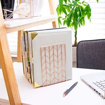 Elegant Rose Gold Bookends Pair 4.7x3.7x7 Premium Stainless Steel with Exquisite Look, Feel, Texture Book Ends. Fashion & Nobility for Shelves, Kitchen Cookbooks, Decorative for Adults & Kids