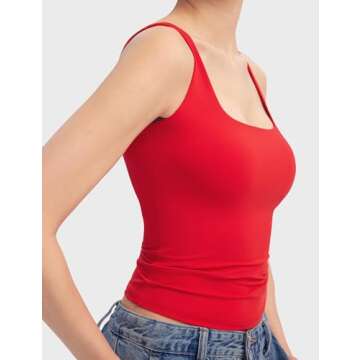 PUMIEY Women's Square Neck Tank Tops Sleeveless Double Lined Basic Going Out Top, Ruby Large