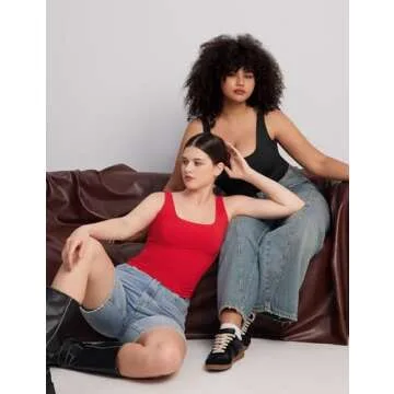 PUMIEY Women's Square Neck Tank Tops Sleeveless Double Lined Basic Going Out Top, Ruby Large