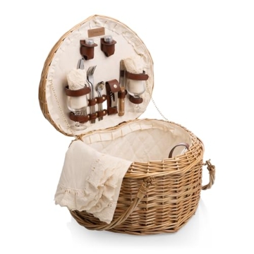 PICNIC TIME Heart Wicker Picnic Basket for Couples - 2 Person Set (Antique White)