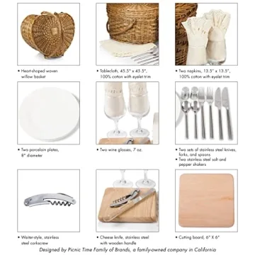 Heart Wicker Picnic Basket for Couples - 2 Person Set