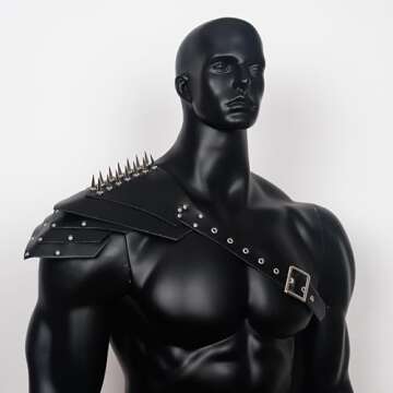 L'VOW Medieval Harness with Rivets Guards Costume Adjustable Warrior Cosplay PU Leather Shoulder Armor for Men Halloween LARP Party(S3-Black)