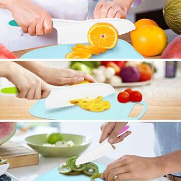 DIKAKO Kids Knife 4-Piece with Cutting Board - Toddler Knife Set Children's Cooking Nylon Knives - Serrated Edges and Firm Grip Suitable for Cutting Salad, Fruit, Cake, Lettuce (3 Sizes & Colors)