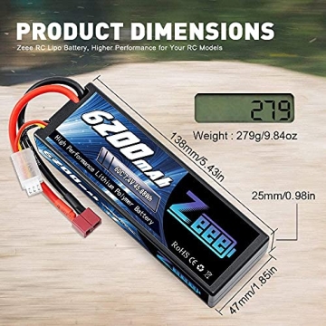 Zeee 7.4V 60C 6200mAh 2S Lipo Battery for RC Vehicles