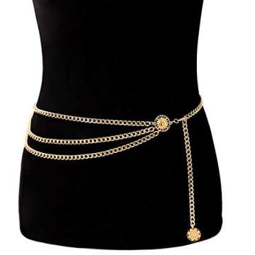 Glamorstar Multilayer Metal Waist Chain Dress Belts Metal Belt for Women Gold 110CM/43.3IN