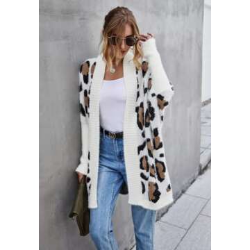 ROYUNA Cardigan for Women Long Leopard Print Open Front Knit Sweater Causal Loose Long Sleeve Outwear Coat (as1, Alpha, m, Regular, Regular, White, M)