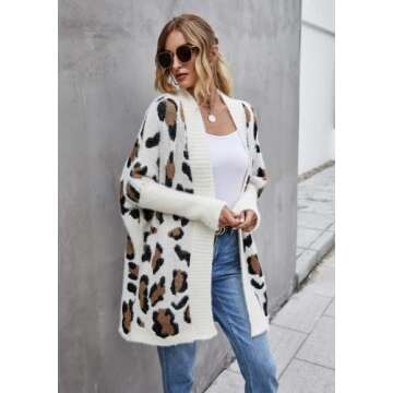 ROYUNA Cardigan for Women Long Leopard Print Open Front Knit Sweater Causal Loose Long Sleeve Outwear Coat (as1, Alpha, m, Regular, Regular, White, M)