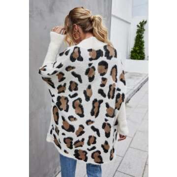 ROYUNA Cardigan for Women Long Leopard Print Open Front Knit Sweater Causal Loose Long Sleeve Outwear Coat (as1, Alpha, m, Regular, Regular, White, M)