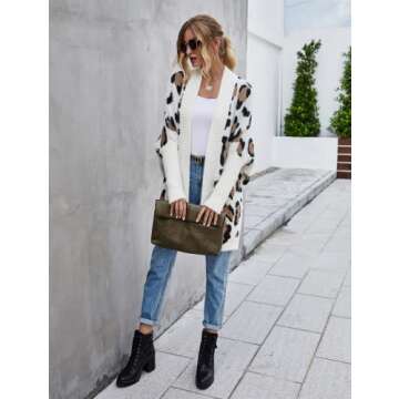 ROYUNA Cardigan for Women Long Leopard Print Open Front Knit Sweater Causal Loose Long Sleeve Outwear Coat (as1, Alpha, m, Regular, Regular, White, M)