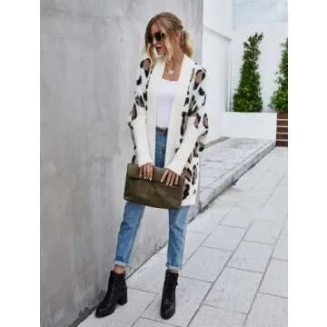 ROYUNA Cardigan for Women Long Leopard Print Open Front Knit Sweater Causal Loose Long Sleeve Outwear Coat (as1, Alpha, m, Regular, Regular, White, M)