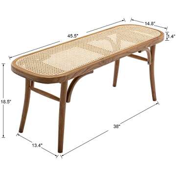 DM Furniture Farmhouse Wood Bench Seat Small Rattan Cane Bench Wicker Bench for End of Bed Living Ro...