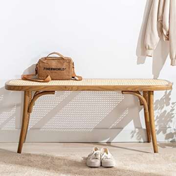DM Furniture Farmhouse Wood Bench Seat Small Rattan Cane Bench Wicker Bench for End of Bed Living Room Entryway Foyer Indoor, Weave Bench