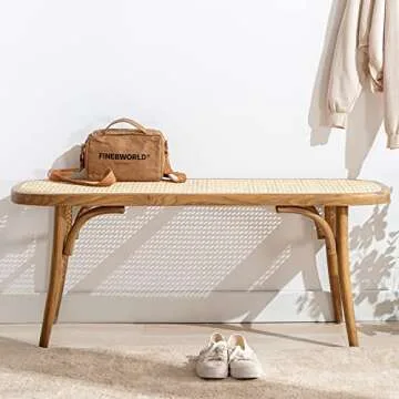 DM Furniture Farmhouse Wood Bench Seat Small Rattan Cane Bench Wicker Bench for End of Bed Living Room Entryway Foyer Indoor, Weave Bench