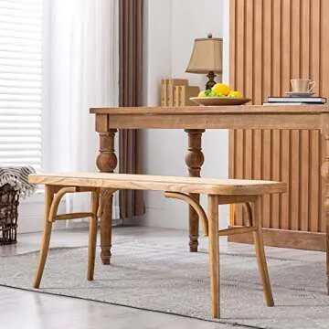 DM Furniture Farmhouse Wood Bench Seat Small Rattan Cane Bench Wicker Bench for End of Bed Living Room Entryway Foyer Indoor, Weave Bench