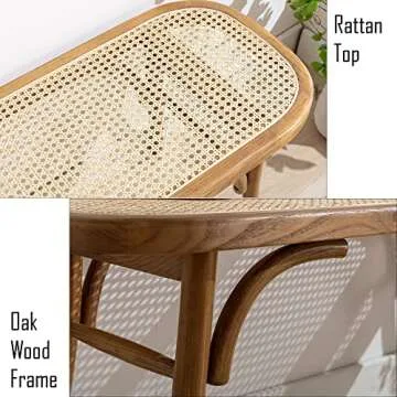 DM Furniture Farmhouse Wood Bench Seat Small Rattan Cane Bench Wicker Bench for End of Bed Living Room Entryway Foyer Indoor, Weave Bench