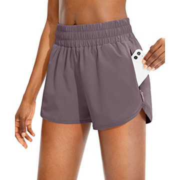 SANTINY Women's Running Shorts with Zip Pockets - High Waisted Athletic Gym Shorts in Dusty Purple