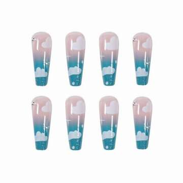 MISUD Long Coffin Press on Nails Blue Fake Nails Clouds False Nails Glossy Glue on Nails Rhinestone ...