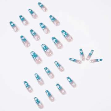 MISUD Long Coffin Press on Nails Blue Fake Nails Clouds False Nails Glossy Glue on Nails Rhinestone Ballerina Artificial Nails Summer Acrylic Nails with Design 24pcs