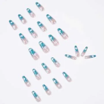 MISUD Long Coffin Press on Nails Blue Fake Nails Clouds False Nails Glossy Glue on Nails Rhinestone Ballerina Artificial Nails Summer Acrylic Nails with Design 24pcs