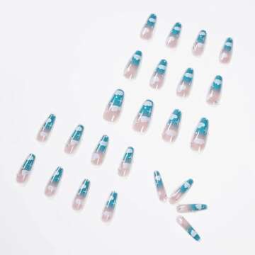 MISUD Long Coffin Press on Nails Blue Fake Nails Clouds False Nails Glossy Glue on Nails Rhinestone Ballerina Artificial Nails Summer Acrylic Nails with Design 24pcs