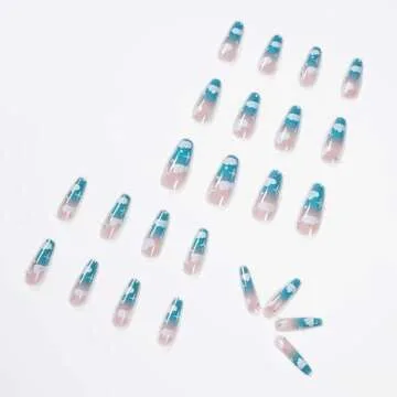 MISUD Long Coffin Press on Nails Blue Fake Nails Clouds False Nails Glossy Glue on Nails Rhinestone Ballerina Artificial Nails Summer Acrylic Nails with Design 24pcs
