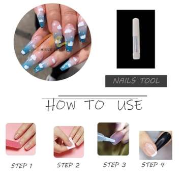 MISUD Long Coffin Press on Nails Blue Fake Nails Clouds False Nails Glossy Glue on Nails Rhinestone Ballerina Artificial Nails Summer Acrylic Nails with Design 24pcs