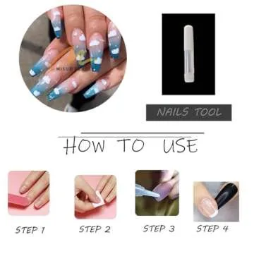 MISUD Long Coffin Press on Nails Blue Fake Nails Clouds False Nails Glossy Glue on Nails Rhinestone Ballerina Artificial Nails Summer Acrylic Nails with Design 24pcs