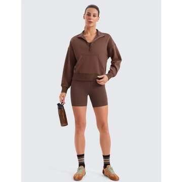 CRZ YOGA SoftAura Half Zip Sweatshirt for Women Long Sleeve Pullover Workout Casual Funnel Neck Tops with Pocket Coffee Brown Small