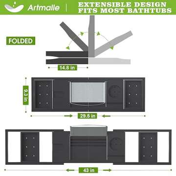 Artmalle Bathtub Caddy Tray - Expandable and Foldable Bath Tray for Tub, Luxury Bamboo Bath Caddy Tub Table, Bathtub Accessories with Book Holder and Free Soap Dish, Black