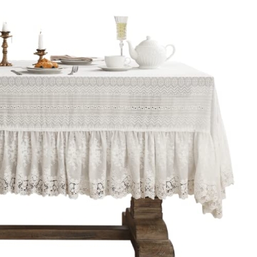 patdrea Vintage White Lace Tablecloth,Design Embroidered Cotton Ruffle Table Cloth for Rectangle Tab...