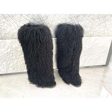 FurinFashion PBS High Tall Over Knee Real Mongolian Sheep Fur Snow Boots for Fashion Women Laidies Winter Warm Lamb Fur Booties (9, black, numeric_9)