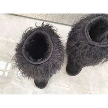 FurinFashion PBS High Tall Over Knee Real Mongolian Sheep Fur Snow Boots for Fashion Women Laidies Winter Warm Lamb Fur Booties (9, black, numeric_9)