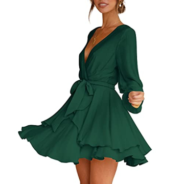 Cosonsen Deep V-Neck Party Dress Long Sleeve Bow Tie Waist