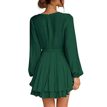 Cosonsen Deep V-Neck Party Dress Long Sleeve Bow Tie Waist