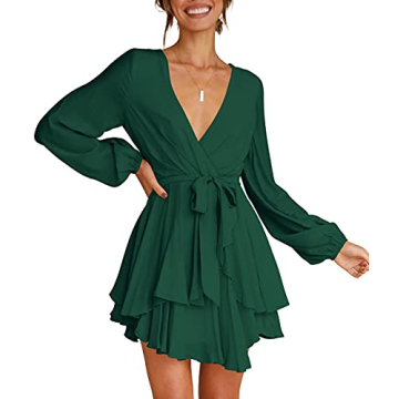 Cosonsen Deep V-Neck Party Dress Long Sleeve Bow Tie Waist