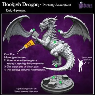 Wildspire Fantasy Bookish Dragon Paintable DND Miniature Huge 6" D&D Dragon Mini 28-32mm Dungeons and Dragons Figure for Fantasy Tabletop Miniatures and Accessory, Partially Assembled for TTRPG